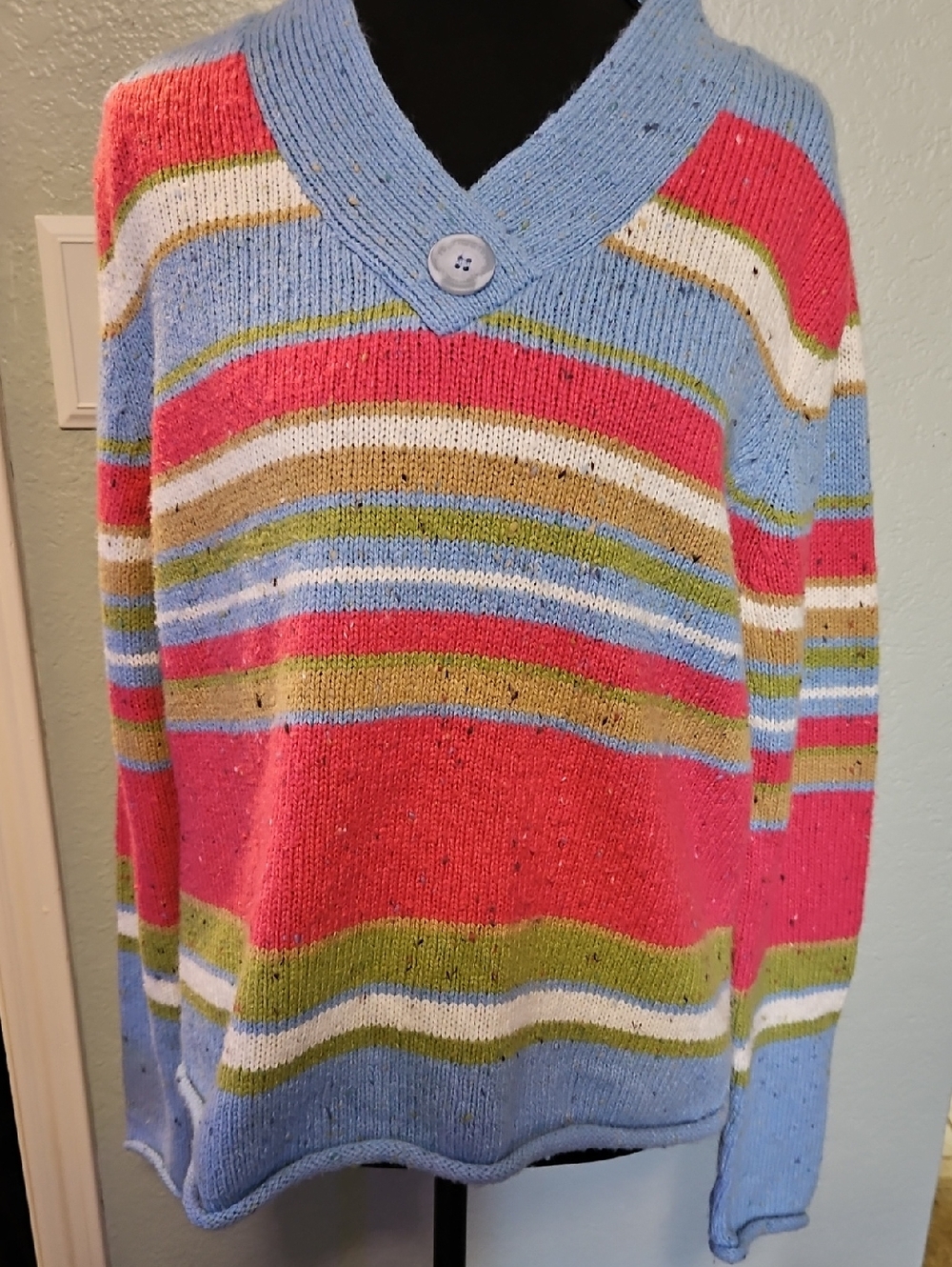 Liz Claiborne Striped V-Neck Sweater in Light Blue, Pink, Green, White, Tan